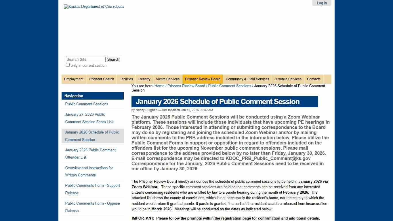 January 2026 Schedule of Public Comment Session —